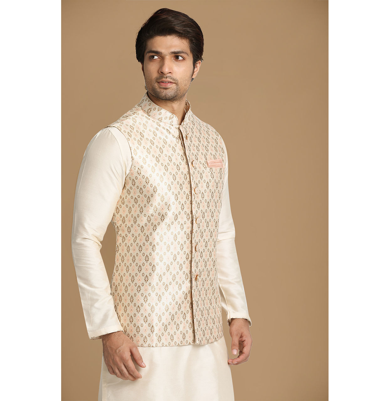 alt message - Manyavar Men Ivory Festive Kurta Jacket With Printed Motifs image number 0